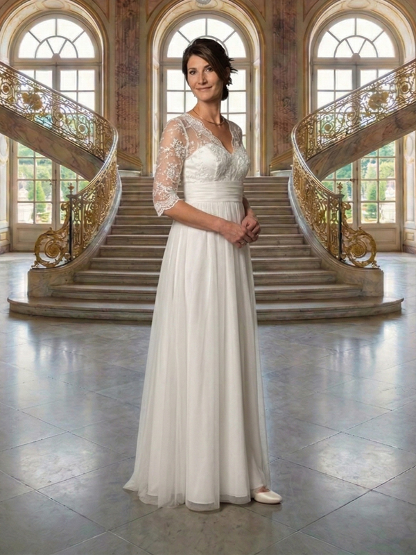 Brautkleid Frankfurt A-Linie Spitze 3/4 Ärmel Standesamt