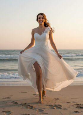 Aurelia Shore – Eleganz, Leichtigkeit und moderner Strand-Zauber Das Modell Aurelia Shore ist ein traumhaft leichtes One-Shoulder-Brautkleid, das Eleganz und Bewegungsfreiheit perfekt vereint. Die asymmetrische, links angesetzte Schulterapplikation aus feiner 3D-Blütenspitze verleiht dem Look eine romantische, feminine Note. Das Oberteil besticht durch sanfte, diagonale Chiffonfalten, die die Silhouette optisch strecken und der Braut eine besonders schmeichelhafte Form geben. Ab der Taille fließt der Rock in weichem, mehrlagigem Chiffon sanft nach unten – bei jeder Bewegung entsteht ein luftiger, schwebender Effekt, ideal für Strandhochzeiten oder freie Trauungen im Sommer. Die feinen Spitzenakzente an der Taille runden das Design harmonisch ab und setzen zarte Highlights. Aurelia Shore ist das perfekte Kleid für Bräute, die einen leichten, modernen und dennoch romantischen Look suchen – ein Kleid, das mit dem Wind spielt und in natürlicher Umgebung besonders strahlt.