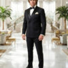 Royal Black DB Tuxedo – schwarzer Zweireiher-Smoking mit Satin-Spitzrevers und Fliege