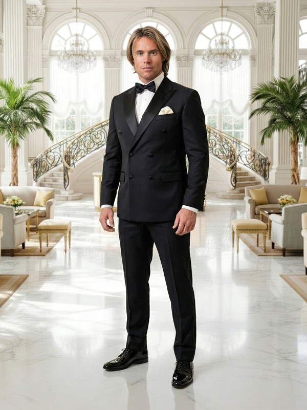 Royal Black DB Tuxedo – schwarzer Zweireiher-Smoking mit Satin-Spitzrevers und Fliege