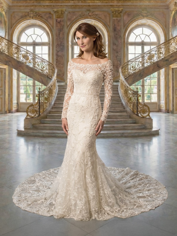 Braut in elfenbeinfarbenem Mermaid-Brautkleid „Vienna Lace Grace Mermaid“ mit Bateau-Ausschnitt, Illusionsspitze, langen Spitzenärmeln und Spitzenschleppe