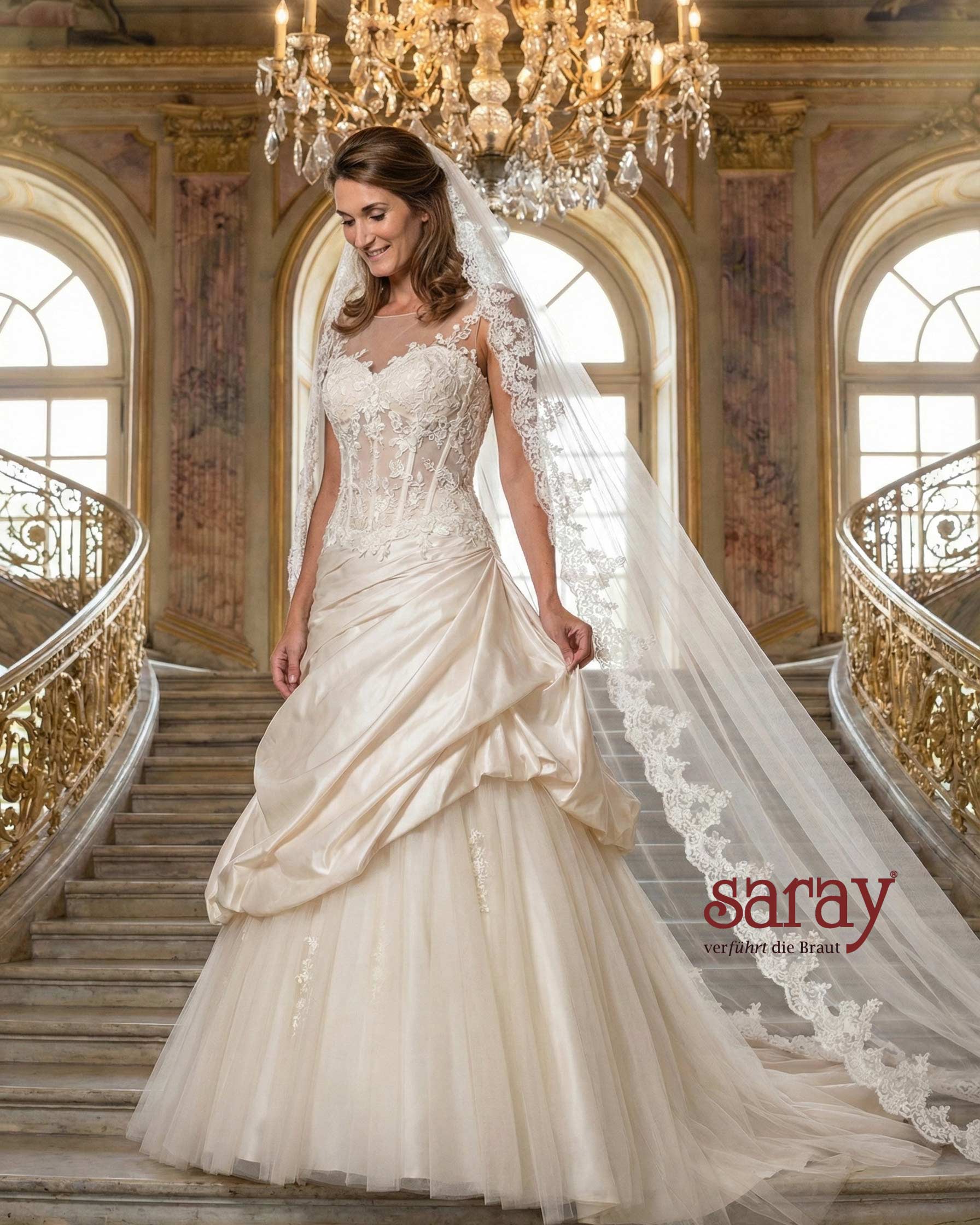 Braut aus Mainz im Brautkleid mit Spitzencorsage und Schleier – Saray Brautmoden